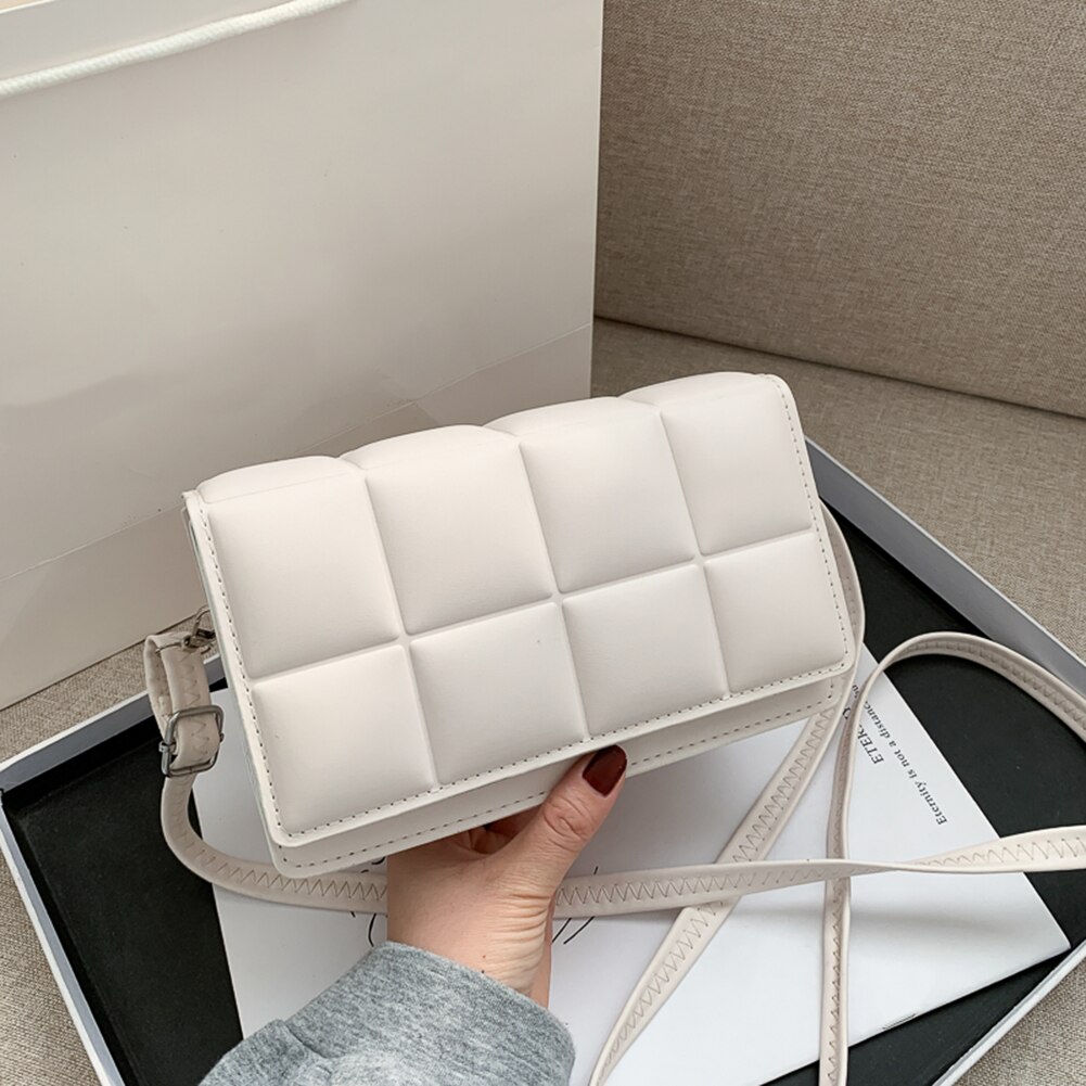 Moda treliça padrão de couro do plutônio mulheres ombro crossbody sacos pequenos quadrados aleta cor sólida casual feminino mensageiro sacos: WHITE