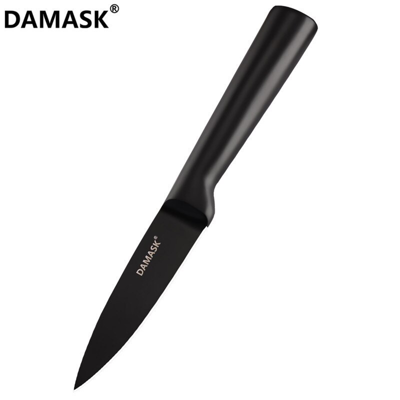 Damask sort rustfrit stål køkkenkniv belægning non-stick skarpt blad kokkeknive letvægts håndtag køkkenkniv sæt: 3.5 tommer parring