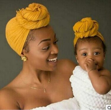 2 uds juego mamá bebé turbante anudado indio sombrero madre niñas niños turbante diadema de pelo de accesorios pañuelo Headwrap diadema: Amarillo