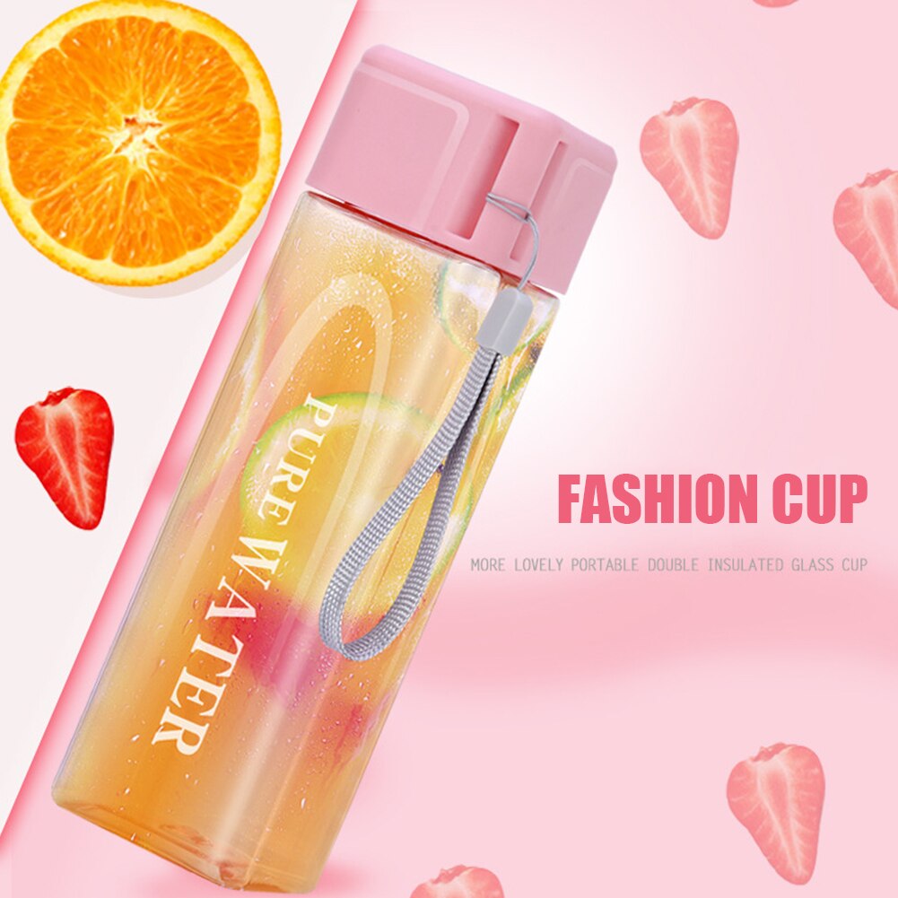 480ml Square Frosted Plastic Water Bottle Portable Transparent Bottle Fruit Juice Leak-proof Outdoor Sport Travel Camping Bottle