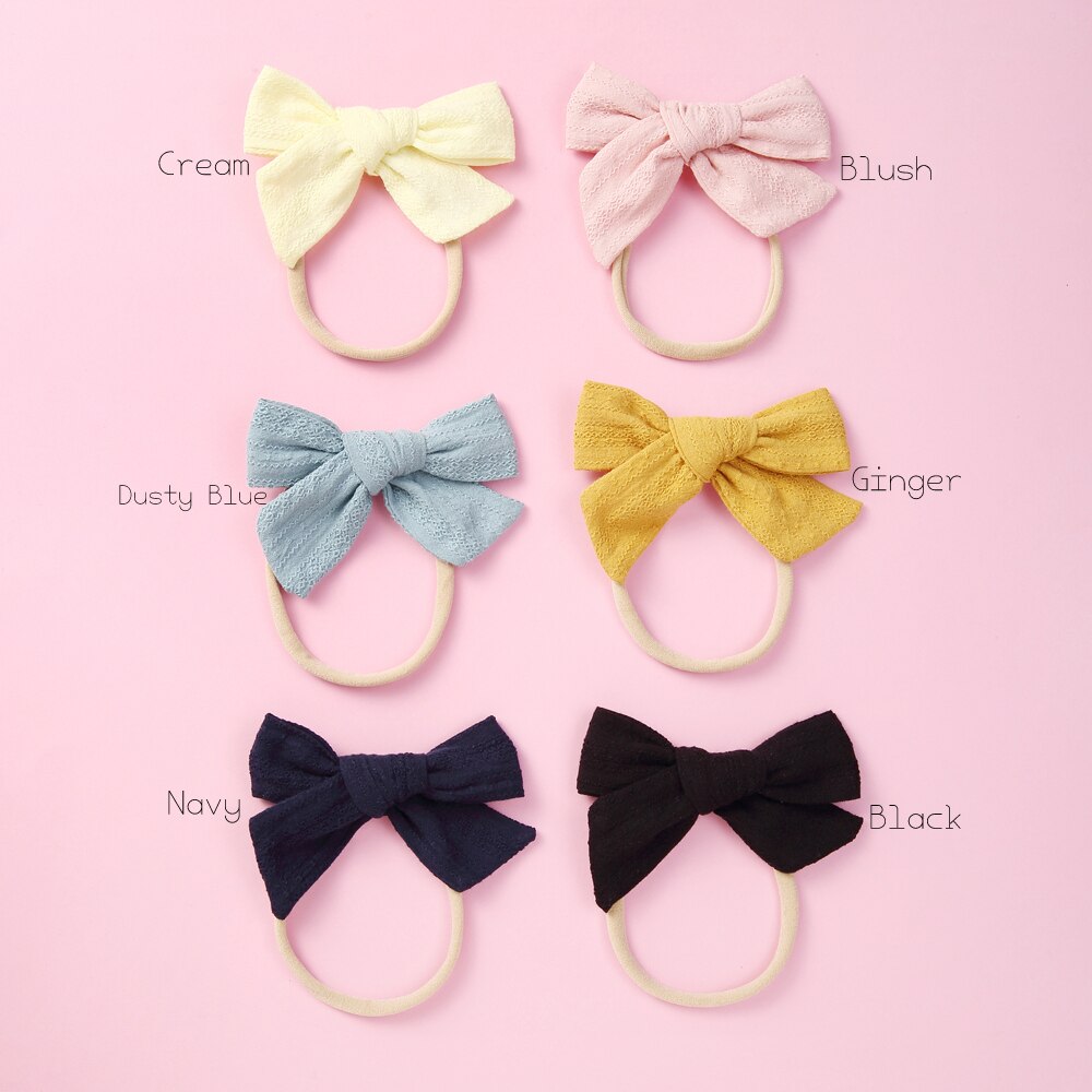 12 Stks/partij Hand Gebonden Stof Boog Hoofdband Zachte Nylon Hoofdband Pinweel Bows Schoolmeisje Haarelastiekjes 6 Kleuren