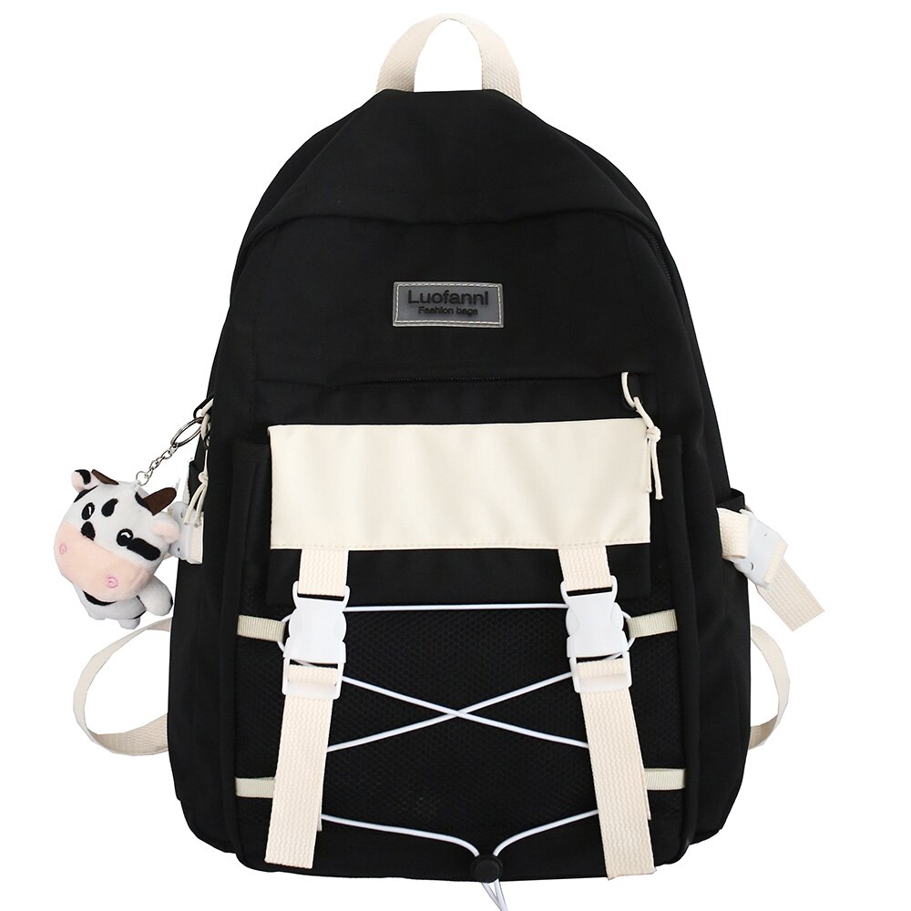 Vrouwelijke Mesh Harajuku Rugzak Student College Reizen Vrouwen Schooltas Kawaii Mode Boek Rugzak Leuke Meisje Laptop Tas Dame: black / No Cows pendant