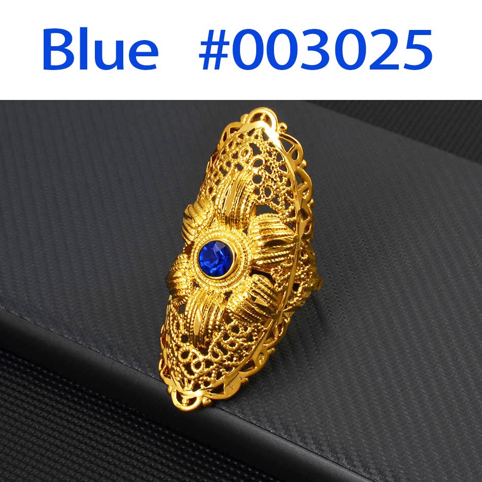 Anniyo Ethiopian Big Ring Gold Color for Women Trendy African Arab Ring Middle East Jewelry Charm Party Wedding #003025: Blue Stone