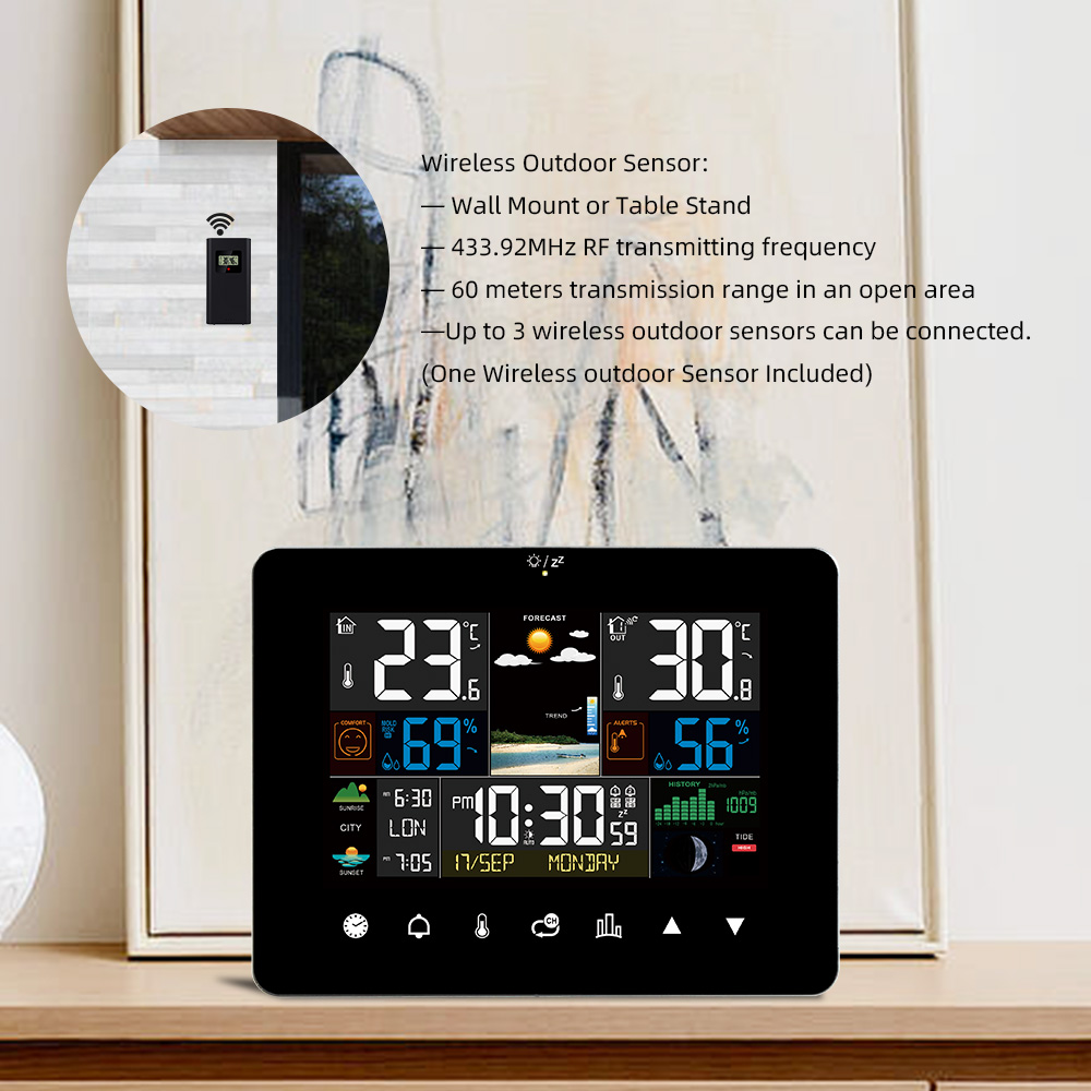 Multifunctioneel weerstation Wekker Touchscreen Thermometer Hygrometer Draadloze sensor Zonsopgang Zonsondergang Hygrothermograaf