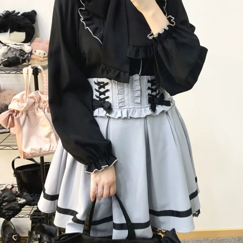 Japansk kawaii lolita mini nederdel kvinder høj talje pink blå bandage fe  y2k æstetisk nederdel afslappet sød flæsenederdel