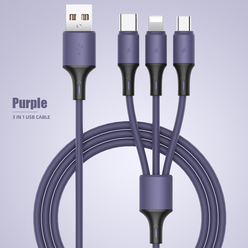 120cm 3 w 1 kabel ładujący USB dla iPhone 12 3A mikro USB typ C kabel 3w1 2w1 przenośny kabel ładujący dla iPhone X Samsung S9: purpurowy