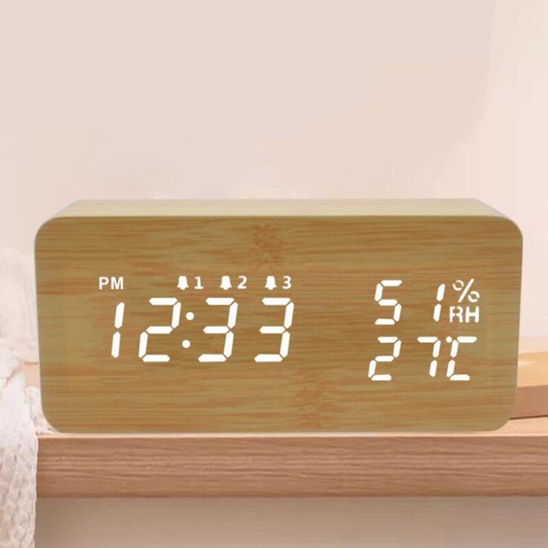 LED Wooden Temperature and Humidity Alarm Clock Table Voice Control Digital Wood Electronic Desktop Clocks Table Decor