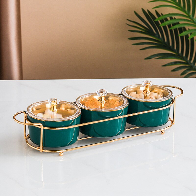 Nordic Ceramic Square Platter Snack Plate Dry Fruit Cake Plate Fruit Plate Divided Iron 2/3/4/6 Grid Nut Pastry Bowl: dark green 3