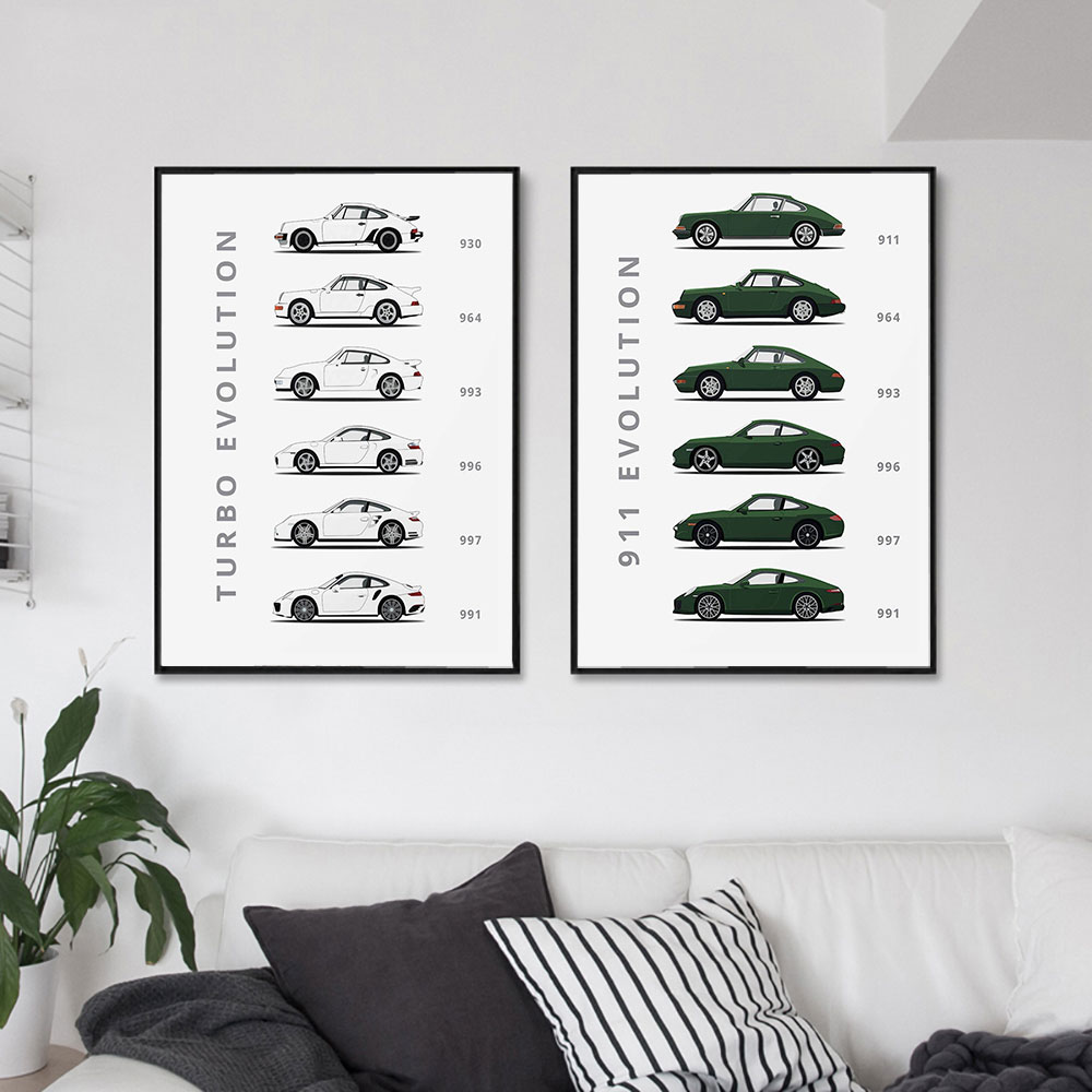 De Evolutie van 911 en Turbo Canvas Schilderij op De Muur Auto Poster en Prints Decor voor Home Moderne Stijl frame