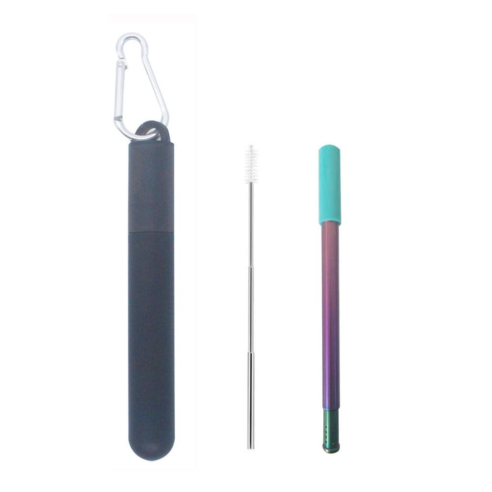 Paille à deux sections réutilisable, avec trou de filtre et brosse à paille rétractable pour le thé, etc.: Black
