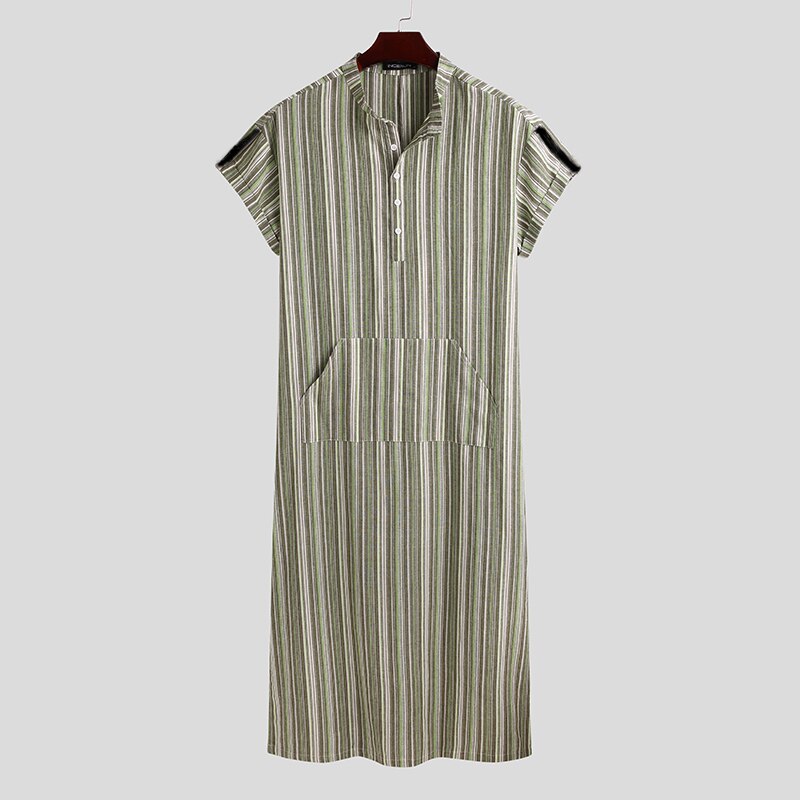 INCERUN Men Jubba Thobe Muslim Clothes Short Sleeve Striped Cotton Stand Collar Casual Robes Islamic Arabic Kaftan Abaya S-5XL: Green / XXL
