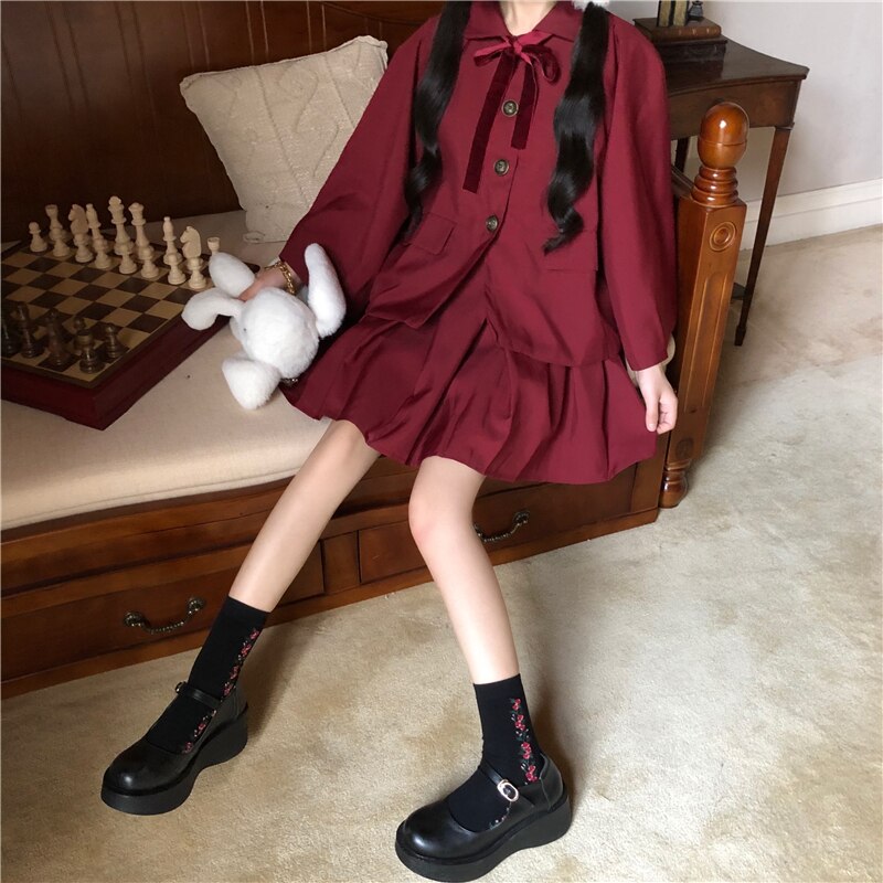 Spring Year Red Petite Set Japanese Style Cloak Coat Women's Inner Vest Pleated Dress japanese school uniform