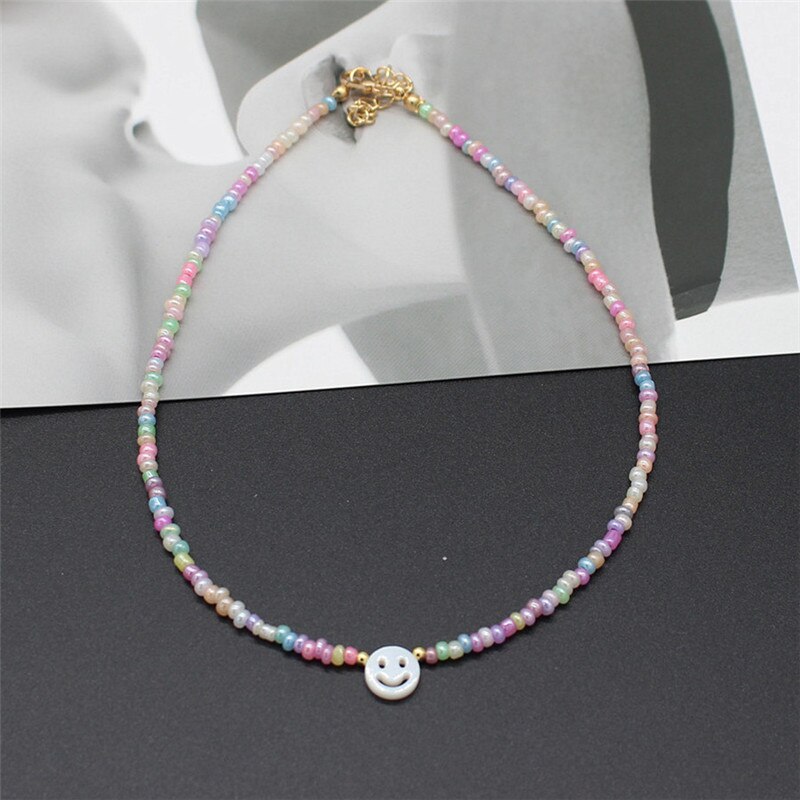 Natural Freshwater Shell Round White Smiley Rainbow Beaded Choker Necklace For Women Chain Jewelry Accessories: 11