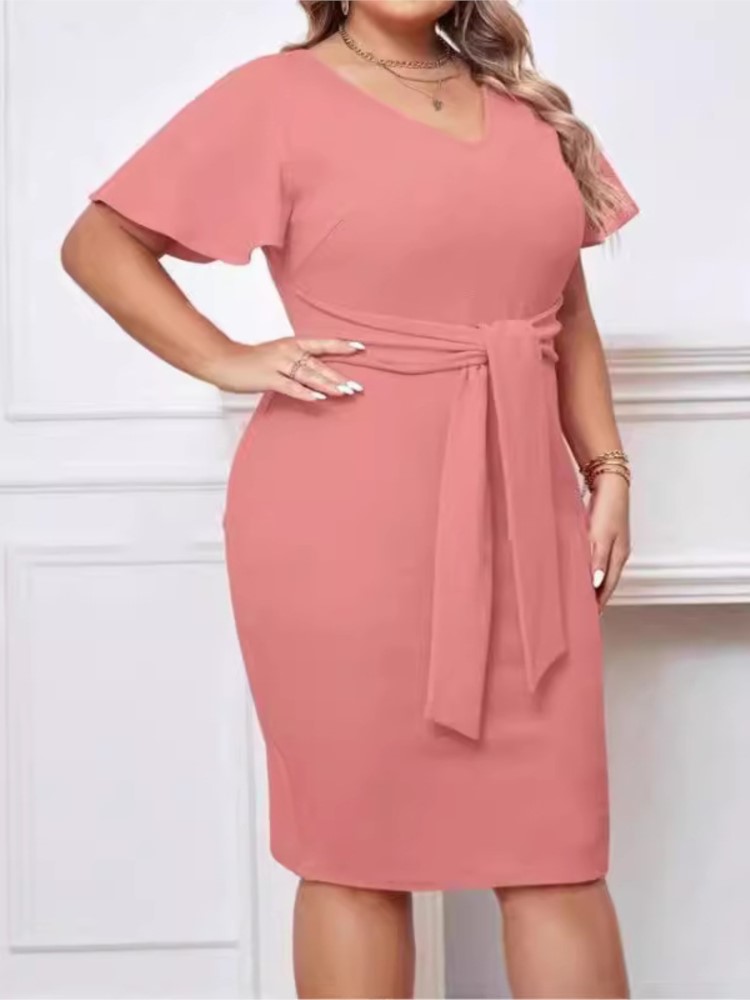 Plus Size Zomer Midi Jurk Vrouwen Roze Elegante Ruche Geplooide Korte Mouw Modis Dames Jurken Slanke Bodycon Vrouw V-hals Jurk