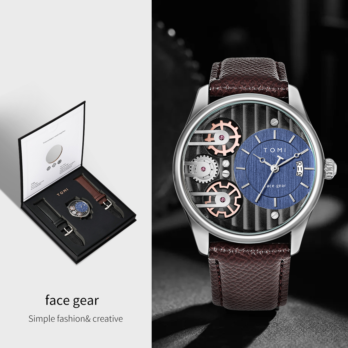TOMI Heren Geschenkdoos Combinatieset Horloge Luxe en Eenvoudig Zakelijk Afneembare band Quartz Horloge Herenhorloge Festival Cadeau: Bruin