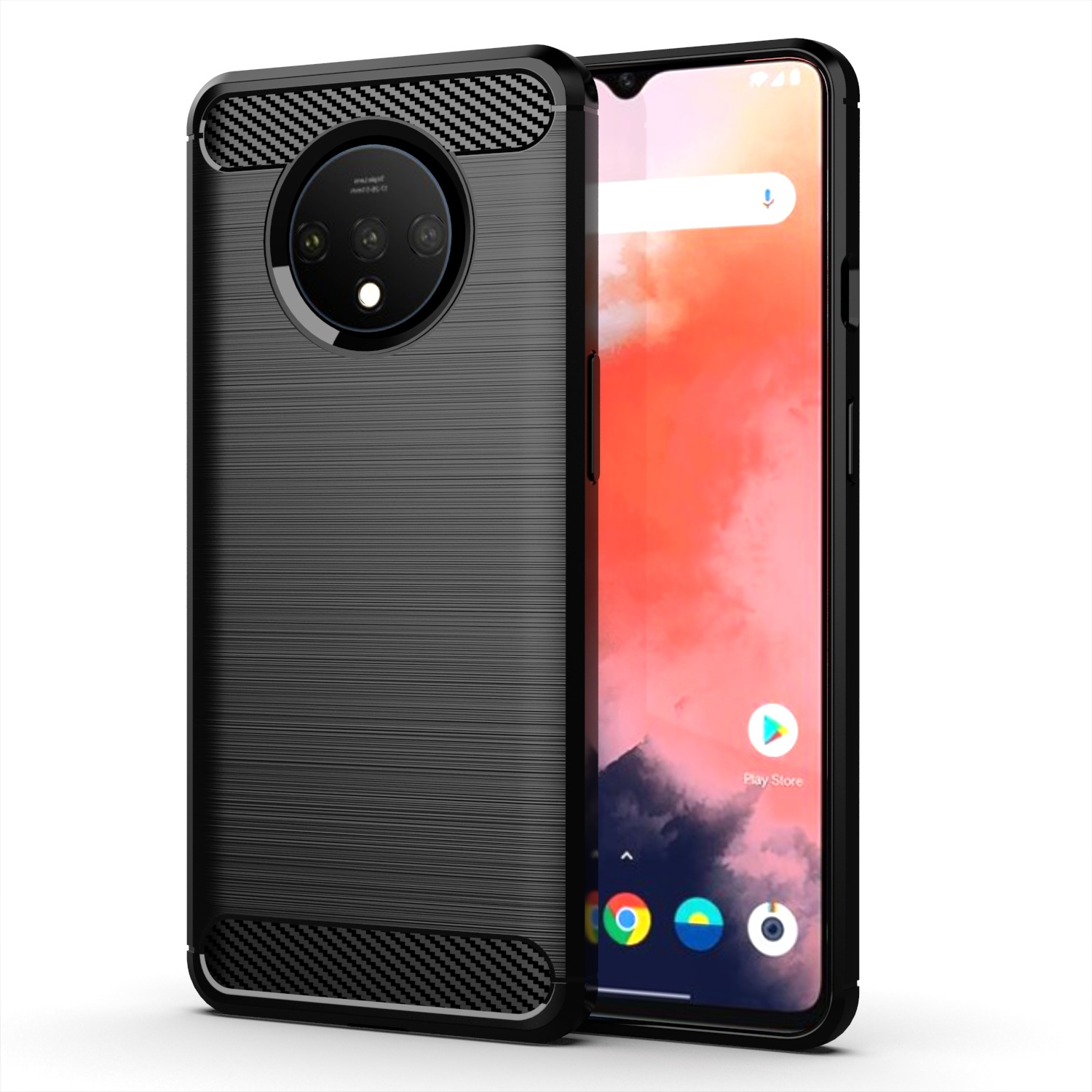 Funda con textura cepillada para 1 + 7t Oneplus 7T, fundas de silicona para Oneplus7t One Plus 7T, funda de teléfono de TPU suave de fibra de carbono de lujo: Negro