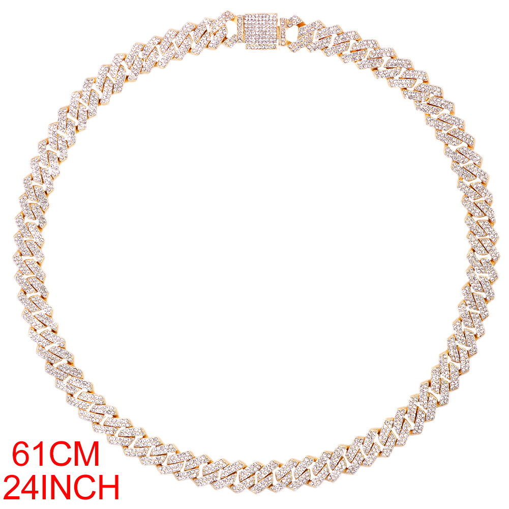14MM Miami Prong Cuban Link Chain Necklace for Women Gold Silver Color Luxury 2 Row Rhinestones Cuban Choker Iced Out Jewelry: Gold-color
