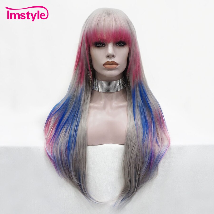Imstyle Grey Pruik Roze Blauw Mix Kleur Pruiken Met Pony Lange Synthetische Lace Front Pruik Steil Haar Cosplay Pruik Voor vrouwen