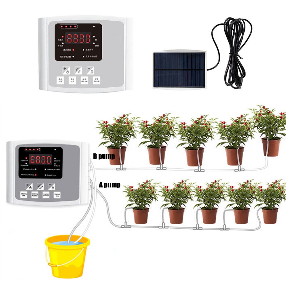 Garden Drip Irrigation Device Double Pump Controller Timer System Solar Energy Intelligent Automatic Watering Device for Plants: Double pump 20m Gray