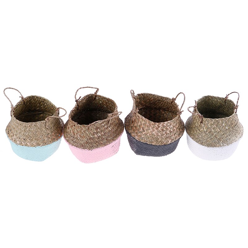 Foldable Handmade Bamboo Storage Basket Laundry Straw Patchwork Wicker Rattan Seagrass Belly Garden Flower Pot Planter Baskets