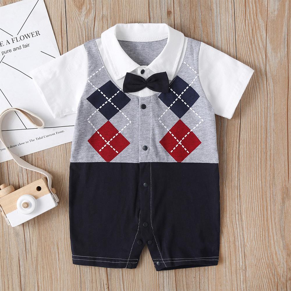 Newborn Infant Baby Boy Clothes Short Sleeve Gentleman Suit Bow Tie Plaid Romper Jumpsuit Clothes Outfits Boy Clothes 2 Years Y2