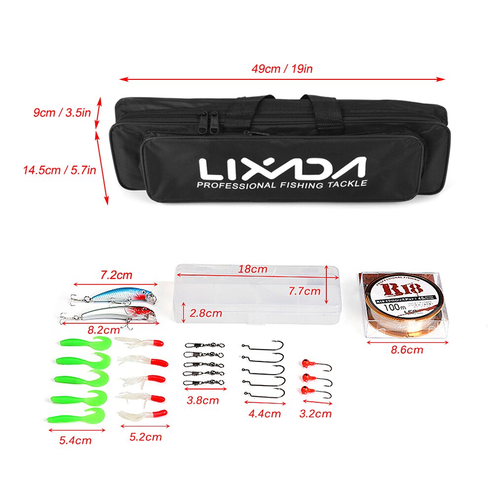 Lixada pescar telescópica Combo carrete caña Kit completo carrete giratorio con 100M línea señuelos ganchos de la cabeza de la plantilla de la bolsa para la Pesca