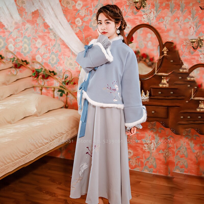 Lady Chinese Style Hanfu Sets Women Qipao Dresses Traditional Oriental Clothing Retro Warm Cheongsam Tang Suit