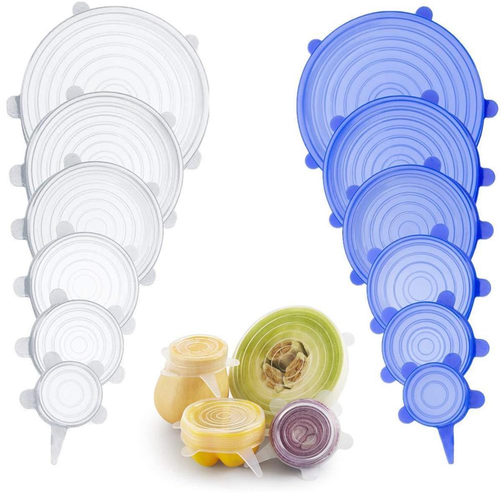 Juego de 6 tapas universales de silicona para comida, tapas de silicona para utensilios de cocina, recipiente para envolver, tapas elásticas reutilizables, accesorios de cocina y Bar