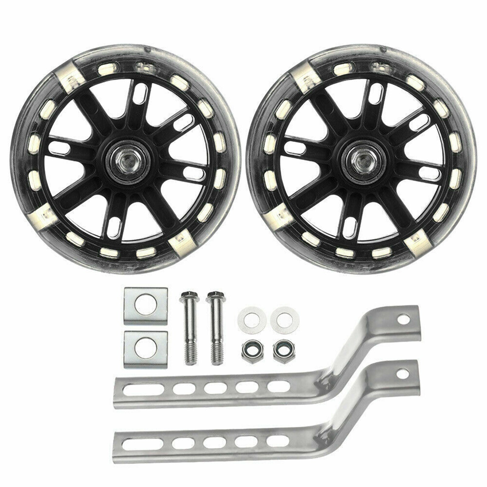 Ruedas auxiliares de entrenamiento para bicicleta, accesorios silenciosos para niños, luz LED multicolor de equilibrio, seguro, fácil de instalar al aire libre, 1 par: Negro