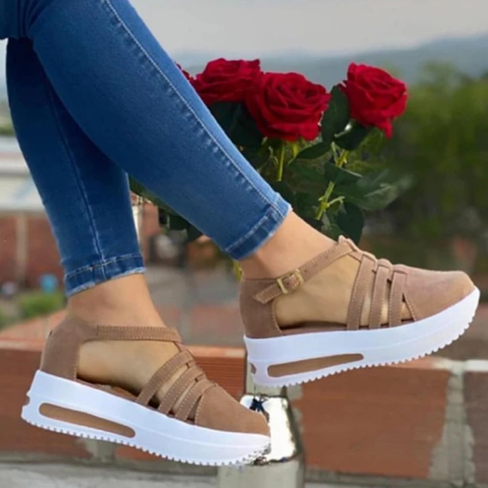 nouvelles Sandales D'été Femmes Wedge Plate-Forme Boucle Sangle Sandales Femme Décontracté Solide Chaussures Dames Sandales De Chanvre Chaussures