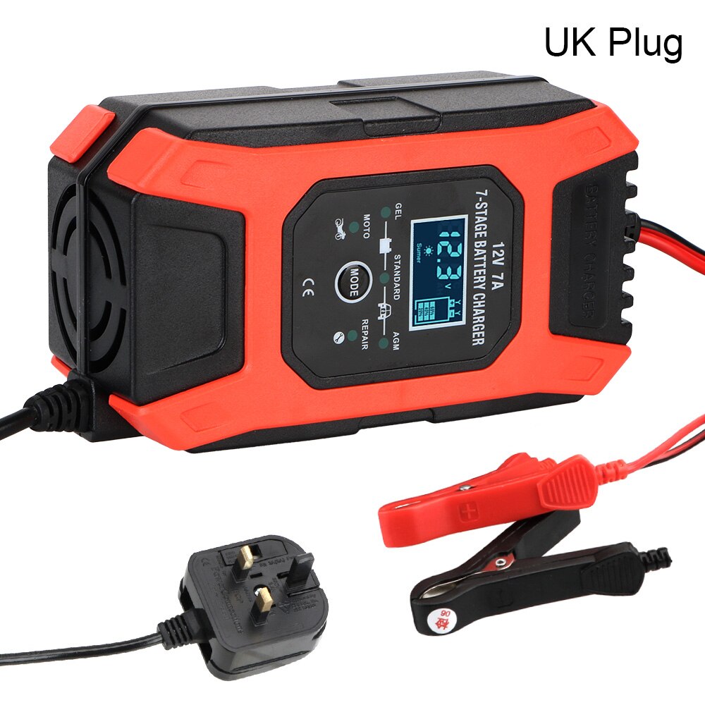 7 Stage Automatic Smart Car Battery Charger Digital LCD Display 12V 7A Wet Dry Lead Acid Battery-chargers: UK 12V 7A 