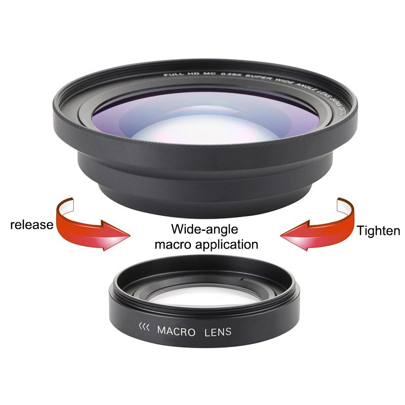 Profesjonalny 37mm makro + 72mm obiektyw szerokokątny 0.39X pełny HD dla kamery 4K