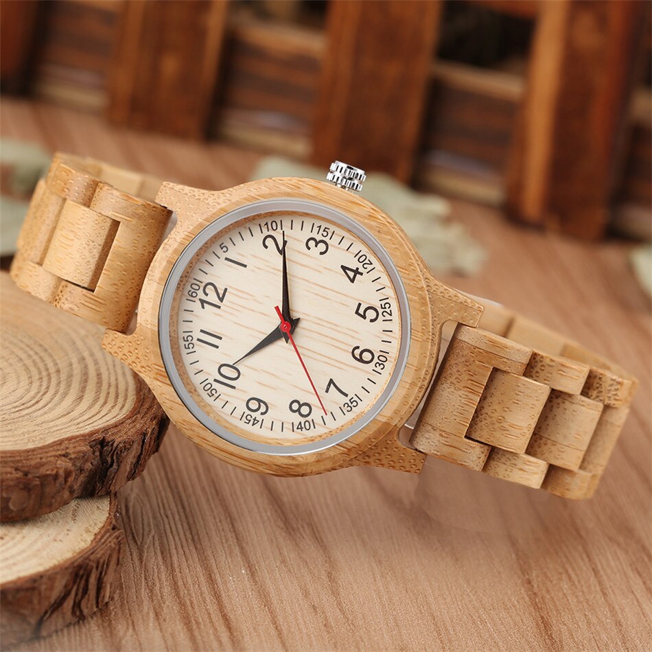 Arabic Numerals Bamboo Wood Lady Bracelet Watch Quartz Wristwatch Full Wooden Wristband Women&#39;s Casual Watch Red Seconds Hands