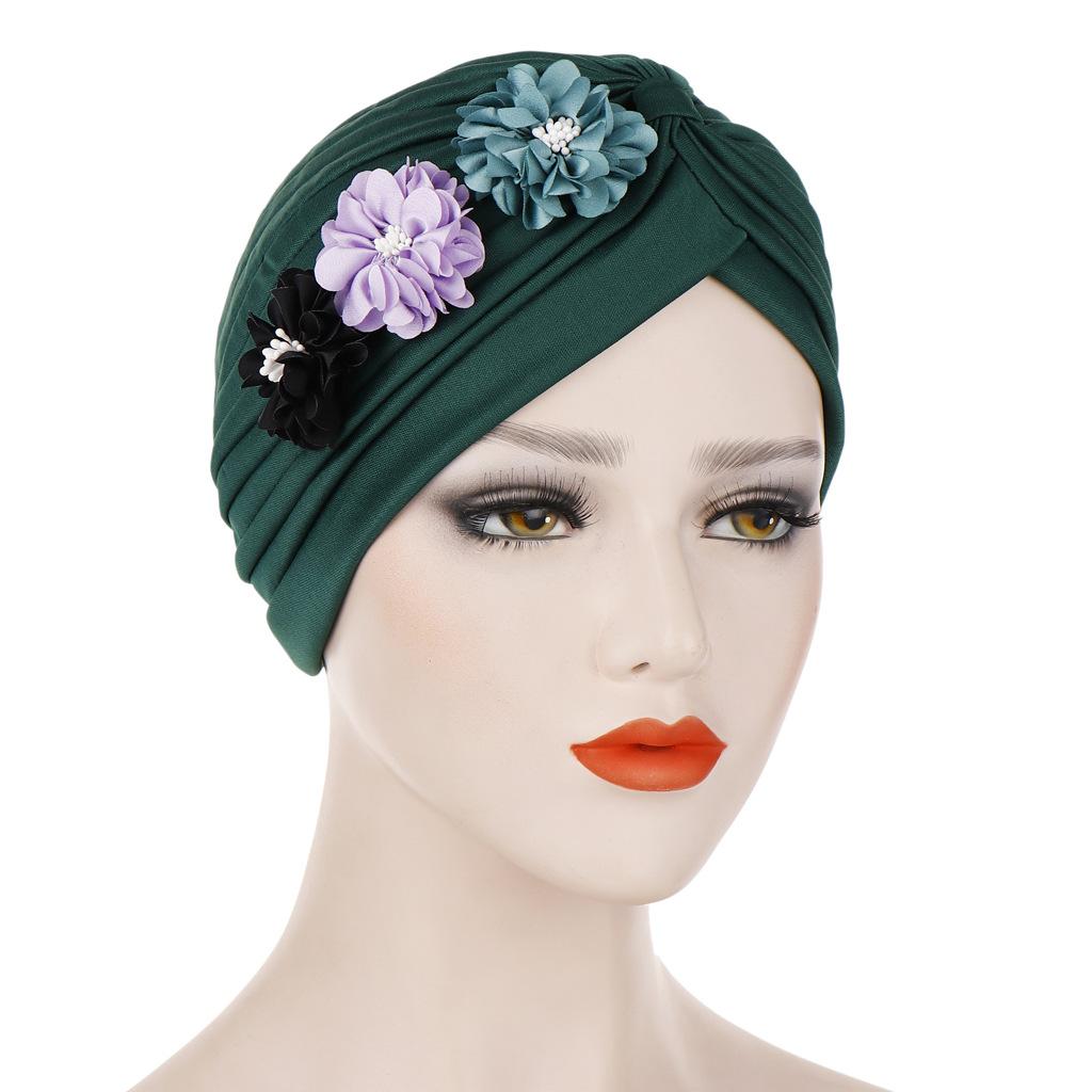 Las mujeres de flor sombrero turbante India sombreros musulmán quimioterapia por cáncer tapa sombrero abrigo indio sombrero falda gorros sombrero tapa: Verde