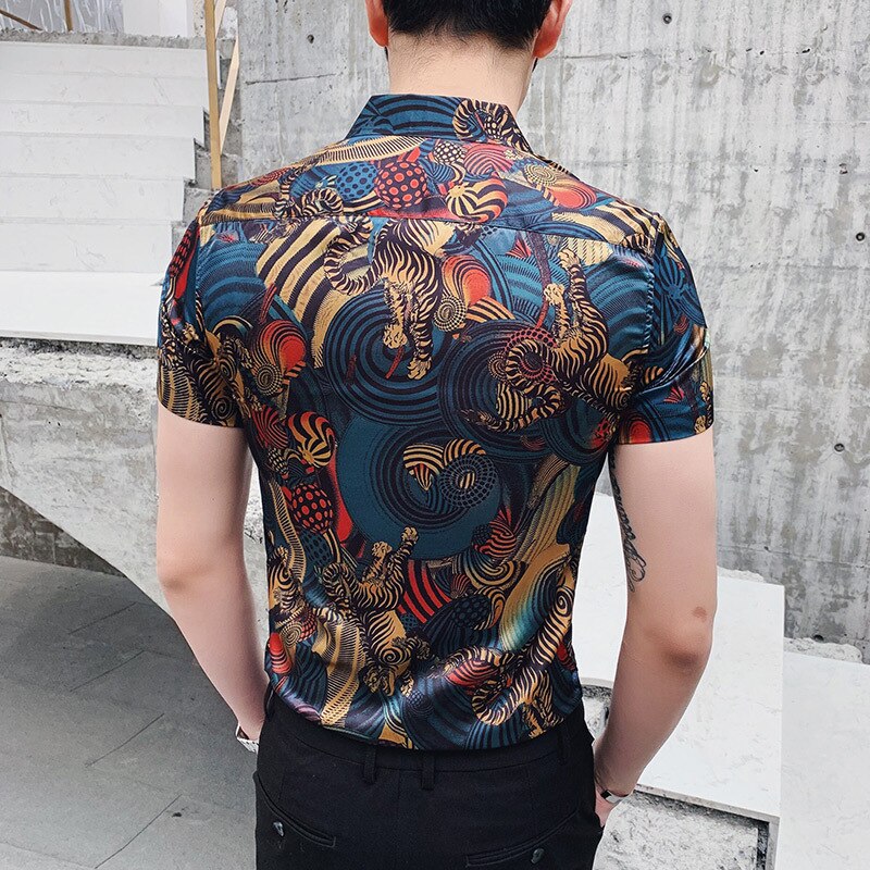 Forretningsarbeidsskjorter kjole herreklær koreansk smokingskjorte sommer kortermet slank passe skrive ut menn skjorte uformelt camisa masculina