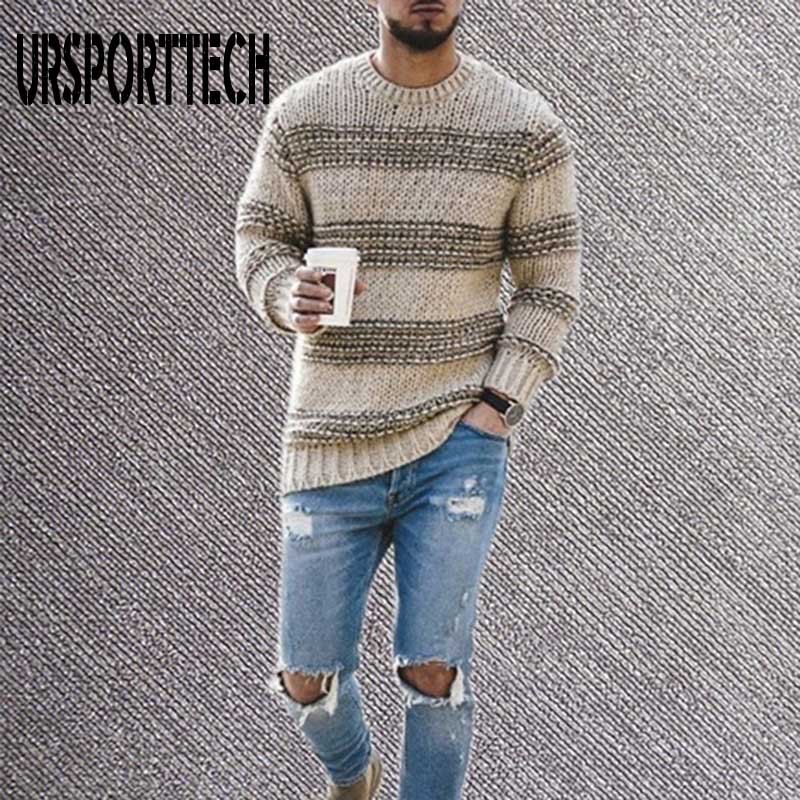 Mærke herresweater efterår vinter pullover uld slim fit striktrøje stribet herretøj afslappet patchwork pull homme: Khaki / L
