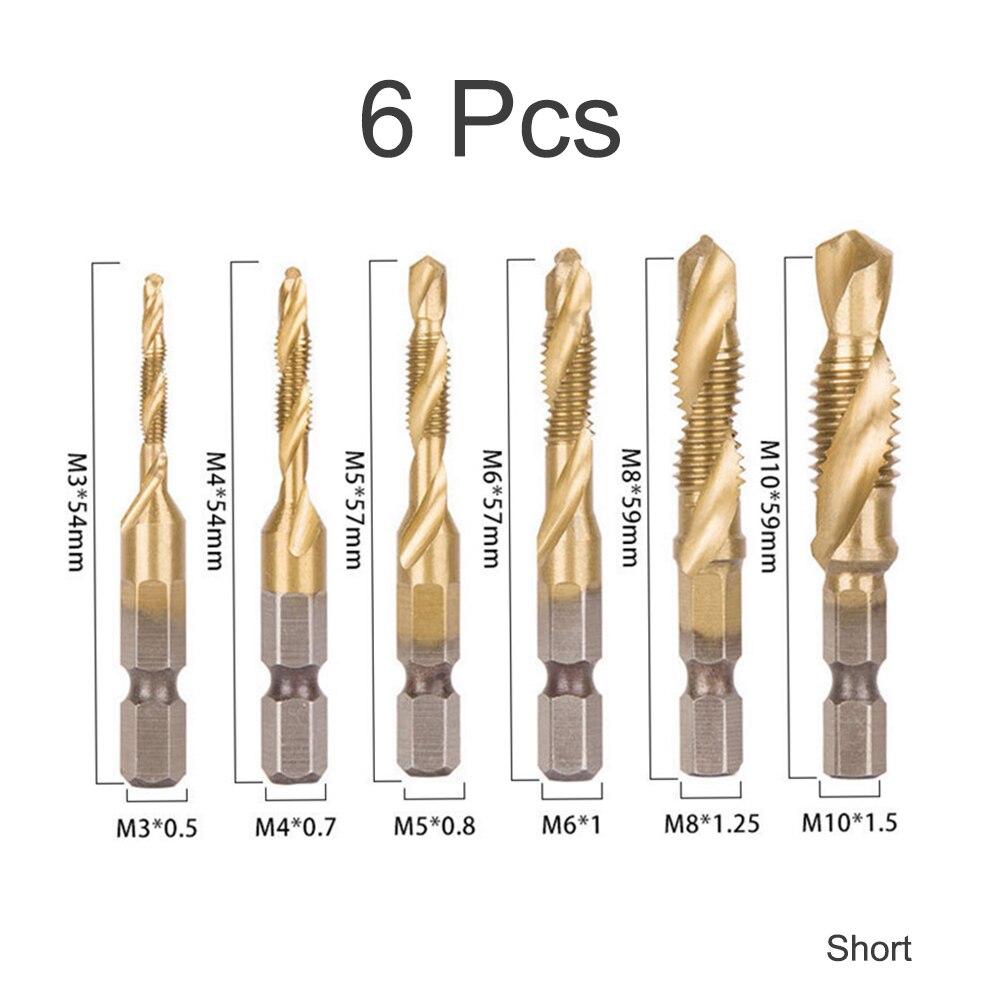 M3-M10 HSS Screw Metric Thread Tap Drill Bits Set Titanium Plated Hex Shank Screw Machine Compound High Speed Change Hand Tool: 6Pcs Short