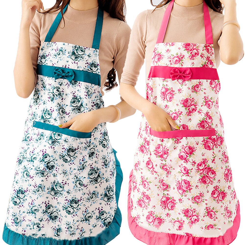 Delantal con lazo Floral para mujer, impermeable, para Cocina, Restaurante, vestido de bolsillo