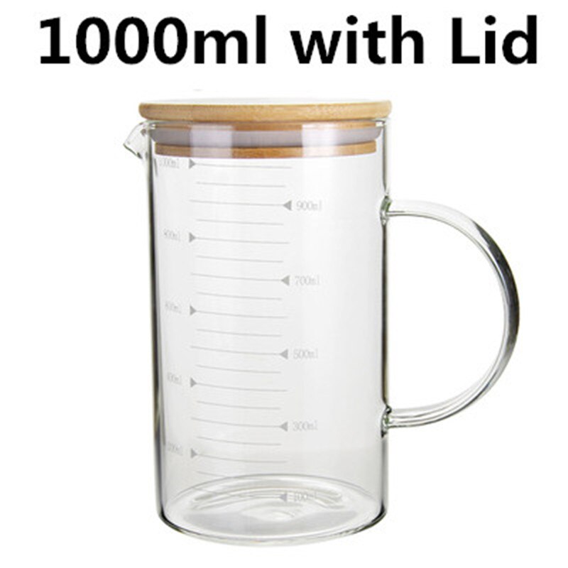 Food Grade Borosilicate Glass Measuring Cups with lid Pot Kettle Kitchen Accessories Measuring Milk Clear Glass Cup Cook Scale: 1000ml with Lid