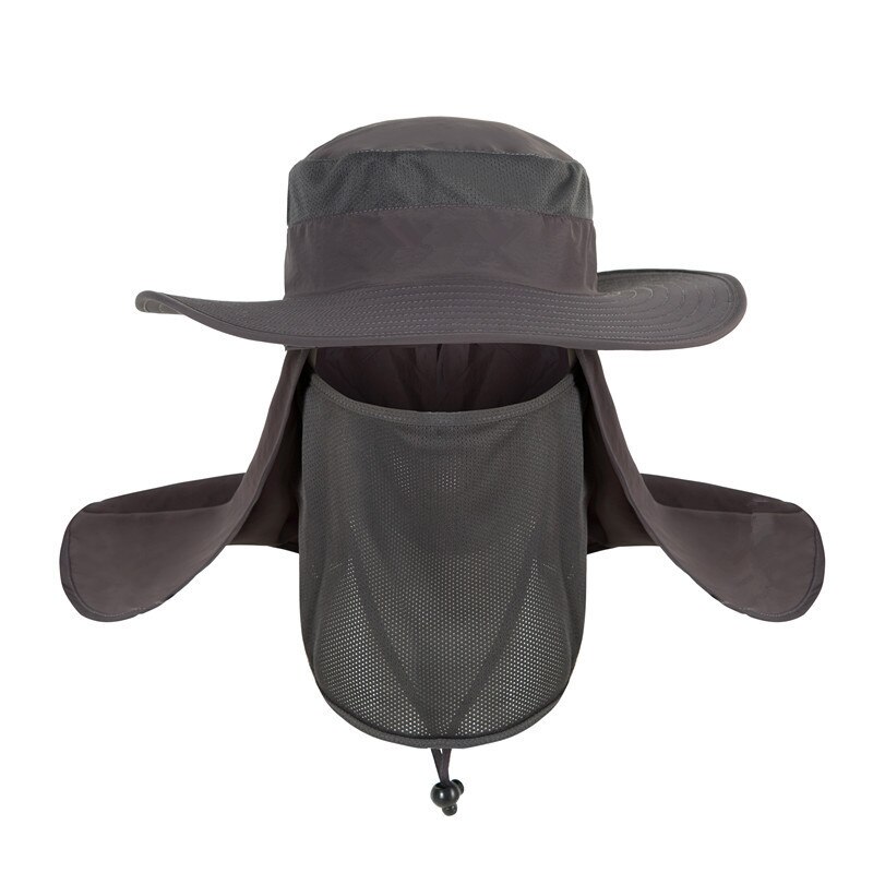 Herre fiskehat runde kanter kasket campinghat sol uv beskyttelse sommer bucket cap med hals ansigtsgardin åndbare visirer: Mørkegrå