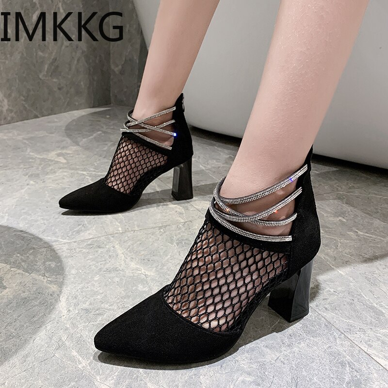 Classic Black Air Mesh Boots Women Summer square heels crystal Boots Lady Breathable Shoes Woman Ankle Boots