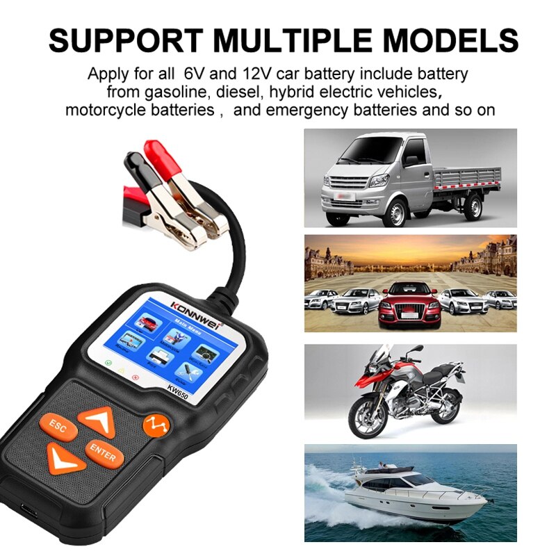 Probador de batería de coche KONNWEI KW650 6-16V Analizador de sistema de batería de motocicleta de coche 100-2000CCA Carga de coche herramienta de diagnóstico de arranque