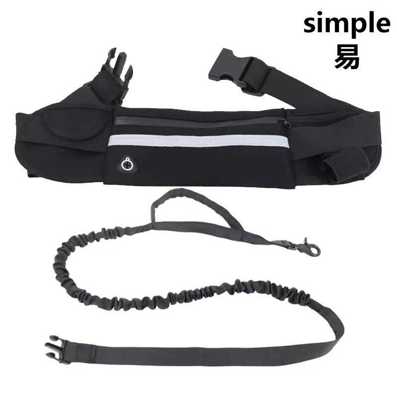 Dog traction rope nylon reflective pet supplies dog harness collar jogging adjustable belt waist bag traction belt rope: Black simple
