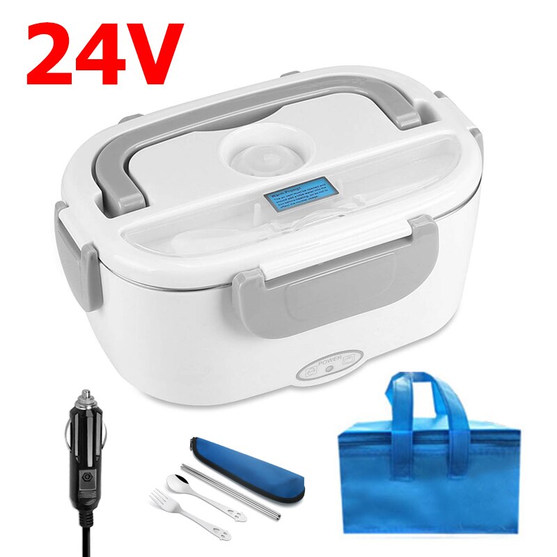 Fiambrera eléctrica de acero inoxidable de 12V y 24V para comida, calentador de comida, contenedor portátil para coche, camión, Picnic, viaje, Bento, caja calefactable: 24V White- Bag Set