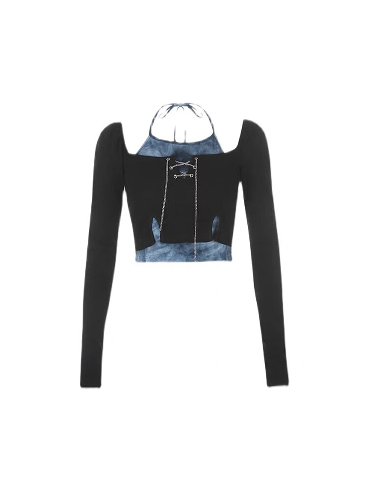 Y2k goottilainen harajuku e-girl punk tyyli kevät tilkkutäkki t-paita crop topit hip hop naisten pitkähihainen tee streetwear western: S