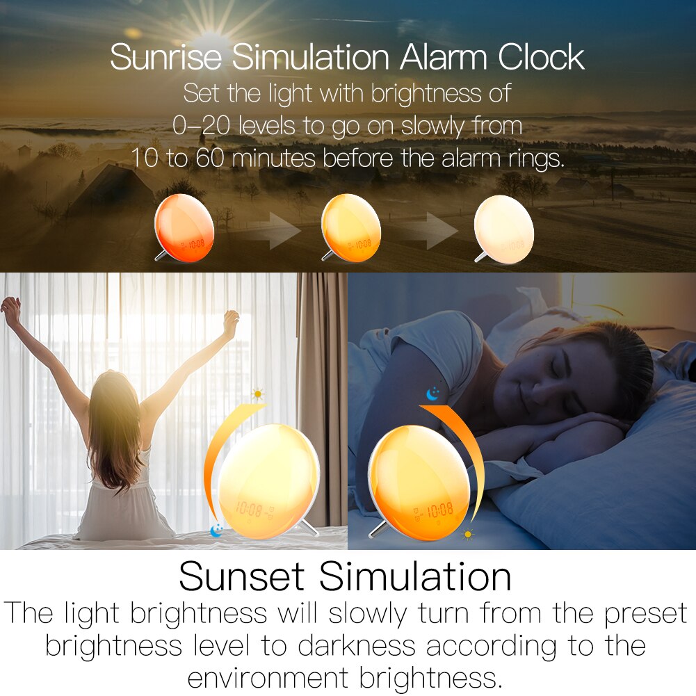 Wifi väckning smart ljus väckarklocka med 7 färger soluppgång solnedgång simulering tuya app kontroll fungerar med alexa google home