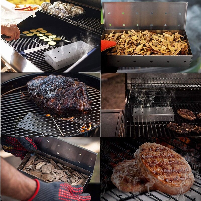 Holdbar bbq rustfrit stål træflis ryger boks træpiller trækul gas grill røg generator til fisk oksekød rygning c