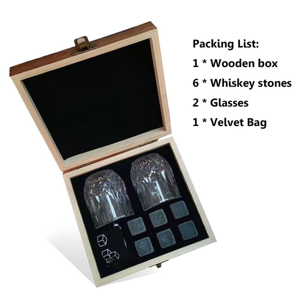 Whisky Stone with Wooden Box Vodka Glasses Wine Coolers Chillers Rocks Cube Stone Set Reusable Chilling Stone Mini Bar Tool: 6 Stones  2cups