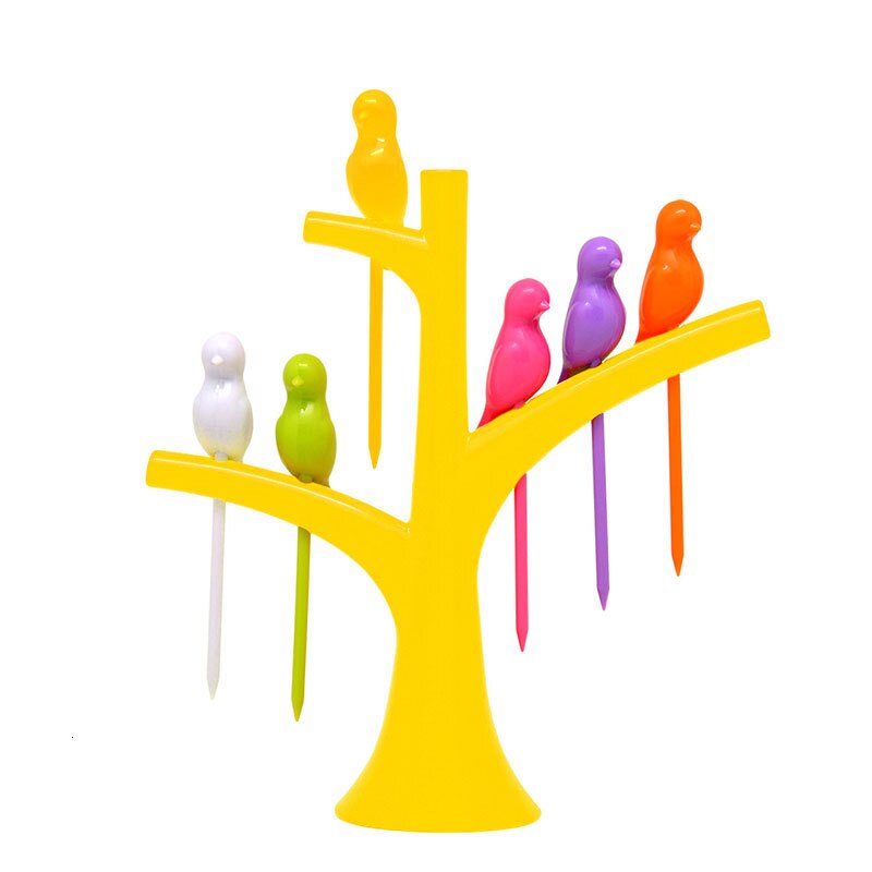 pcs 6 +1 Stand Birds Tree Shape Fruits Fork Plastic Vegetable Fork Fruit Snack Dessert Forks Holder For Party fruit pick forks: Yellow