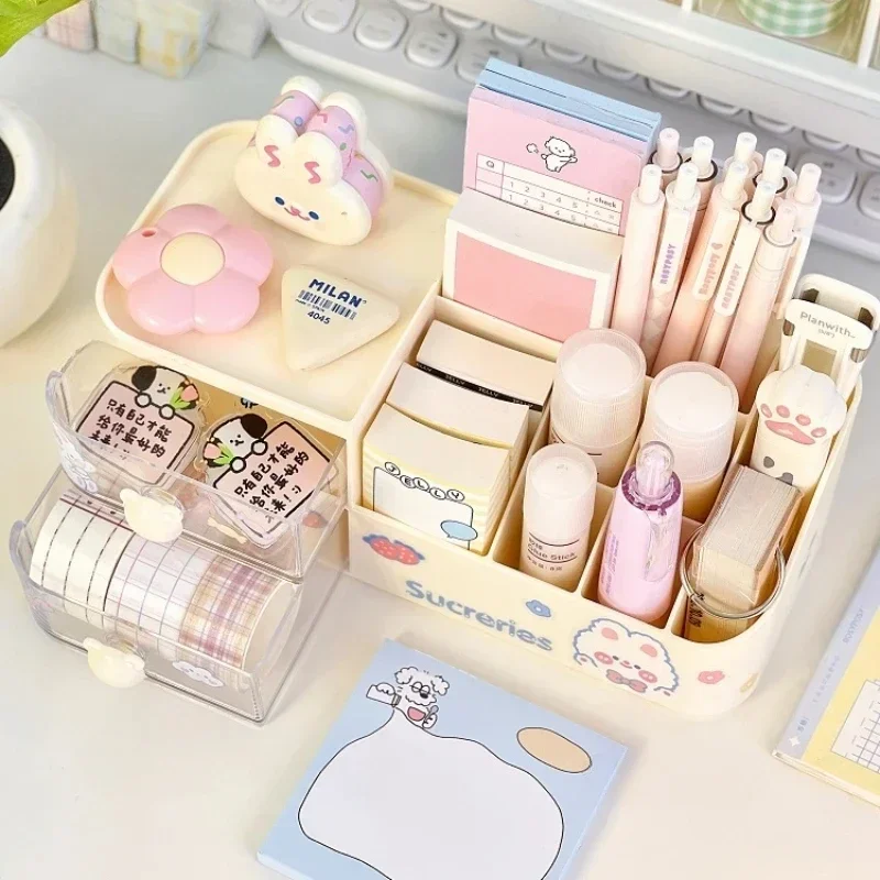 Kawaii caixa de armazenamento de mesa organizador bonito urso lidar com gaveta tipo organizador de mesa multi-grade caneta titular com adesivos kawaii